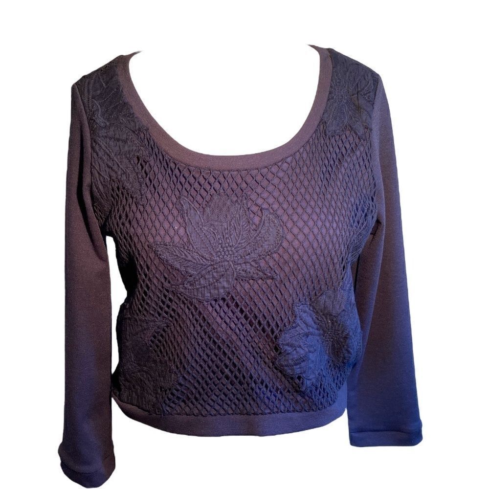0970 Lauren Conrad Botanical Beauty Navy Blue S Mesh Front Cropped Top NWT